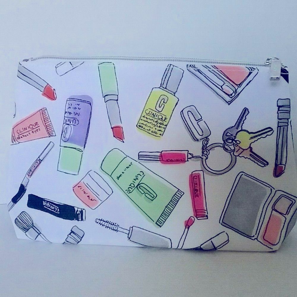 Clinique White Makeup Design Cosmetic Bag Polyester Zipper Pouch NEW